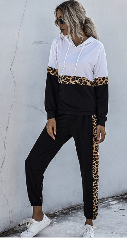 Leopard Print Stitch Hooded Two-Piece Training Set